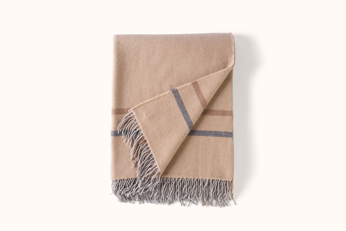 ALONPI BEIGE AND PEARL PLACED STRIPE CASHMERE THROW