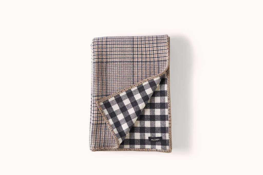 ALONPI CAMEL, BLACK AND ECRU  CHECK DOUBLE FACE CASHMERE THROW