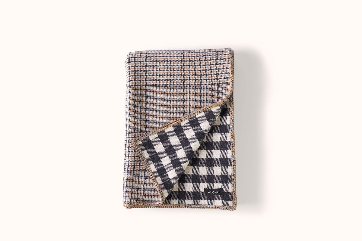 ALONPI CAMEL, BLACK AND ECRU  CHECK DOUBLE FACE CASHMERE THROW