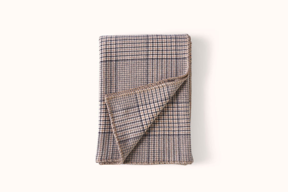 ALONPI CAMEL, BLACK AND ECRU  CHECK DOUBLE FACE CASHMERE THROW