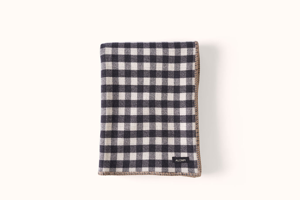 ALONPI CAMEL, BLACK AND ECRU  CHECK DOUBLE FACE CASHMERE THROW