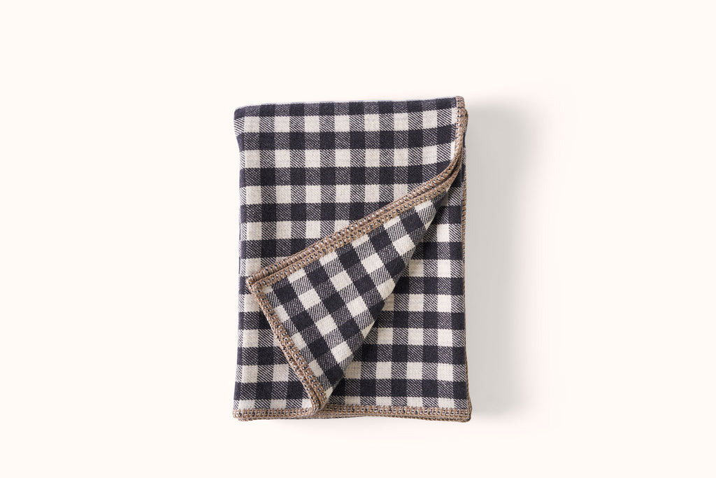 ALONPI CAMEL, BLACK AND ECRU  CHECK DOUBLE FACE CASHMERE THROW