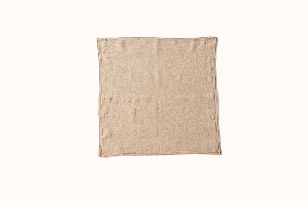 CHARVET BLUE AND RED EMBROIDERED STRIPE PORDER ON NATURAL LINEN NAPKIN