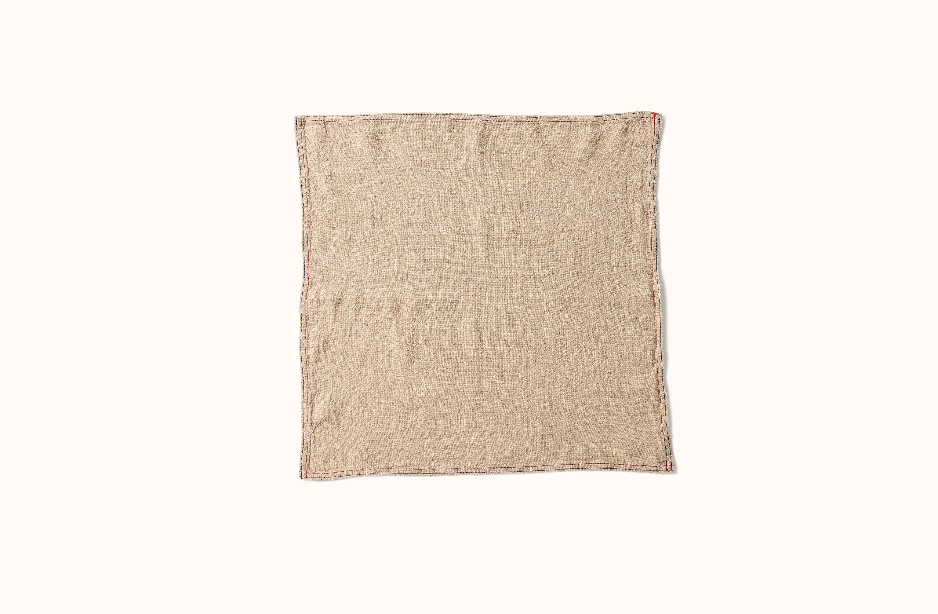 CHARVET BLUE AND RED EMBROIDERED STRIPE PORDER ON NATURAL LINEN NAPKIN