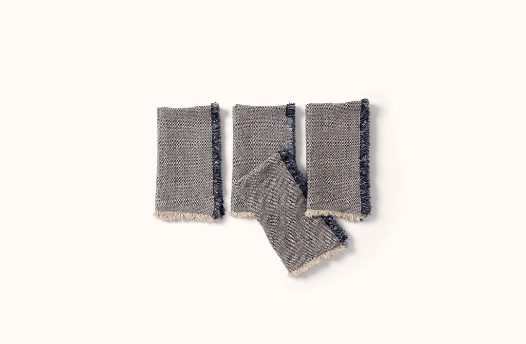 CHARVET NATURAL WITH BLUE AND BLACK MELANGE FRINGE EDGE LINEN NAPKIN