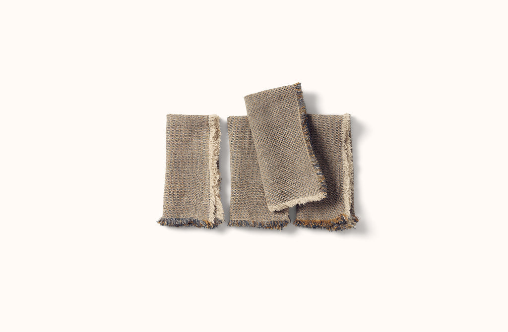 CHARVET NATURAL WITH BLUE AND RUST MELANGE FRINGE EDGE LINEN NAPKIN