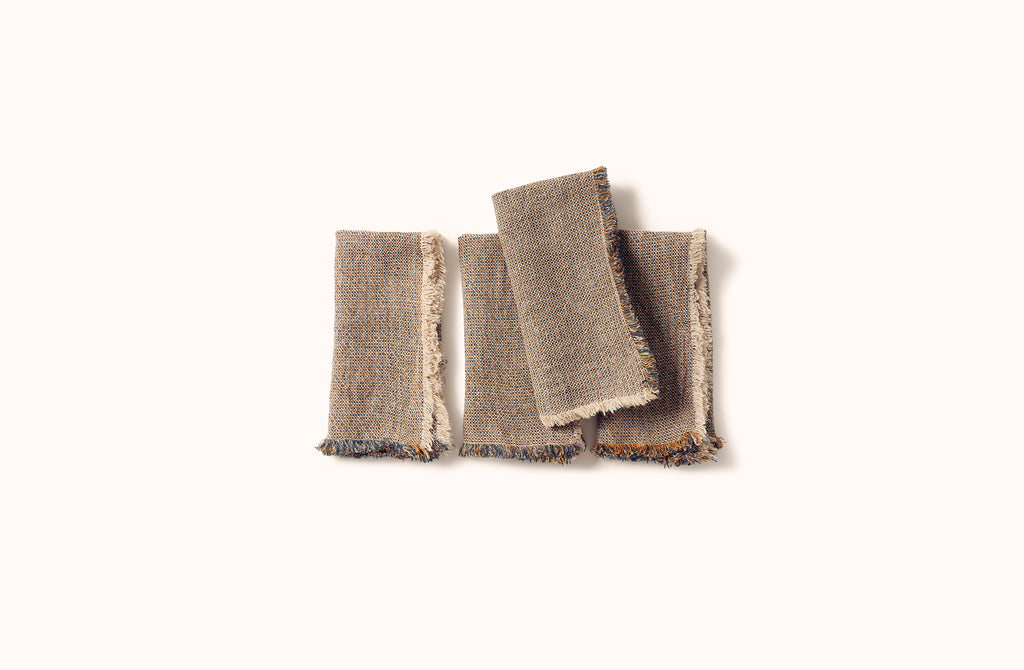 CHARVET NATURAL WITH BLUE AND RUST MELANGE FRINGE EDGE LINEN NAPKIN