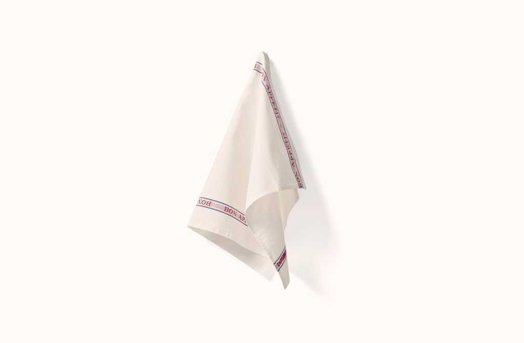 CHARVET WHITE WITH RED AND BLUE BON APPETIT COTTON KITCHEN TOWEL