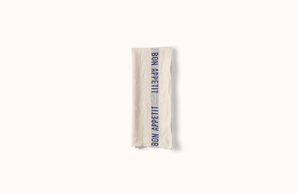 CHARVET WHITE AND BLUE BON APPETIT LINEN KITCHEN TOWEL