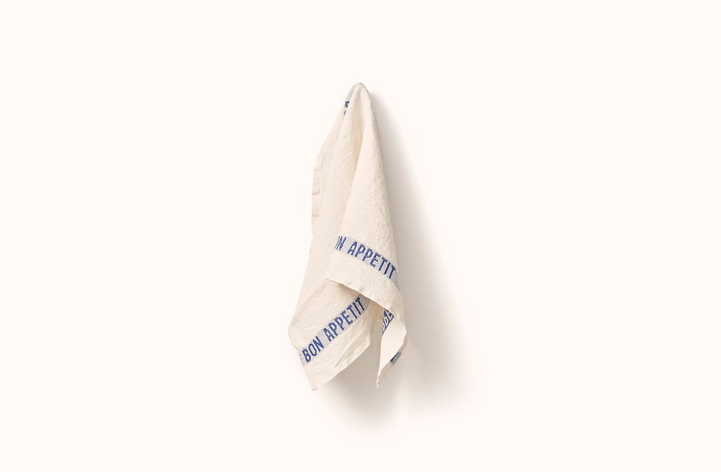 CHARVET WHITE AND BLUE BON APPETIT LINEN KITCHEN TOWEL
