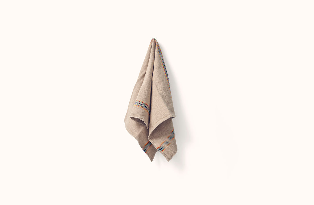 CHARVET NATURAL AND MULTICOLOR CHECKERBOARD STRIPE LINEN KITCHEN TOWEL