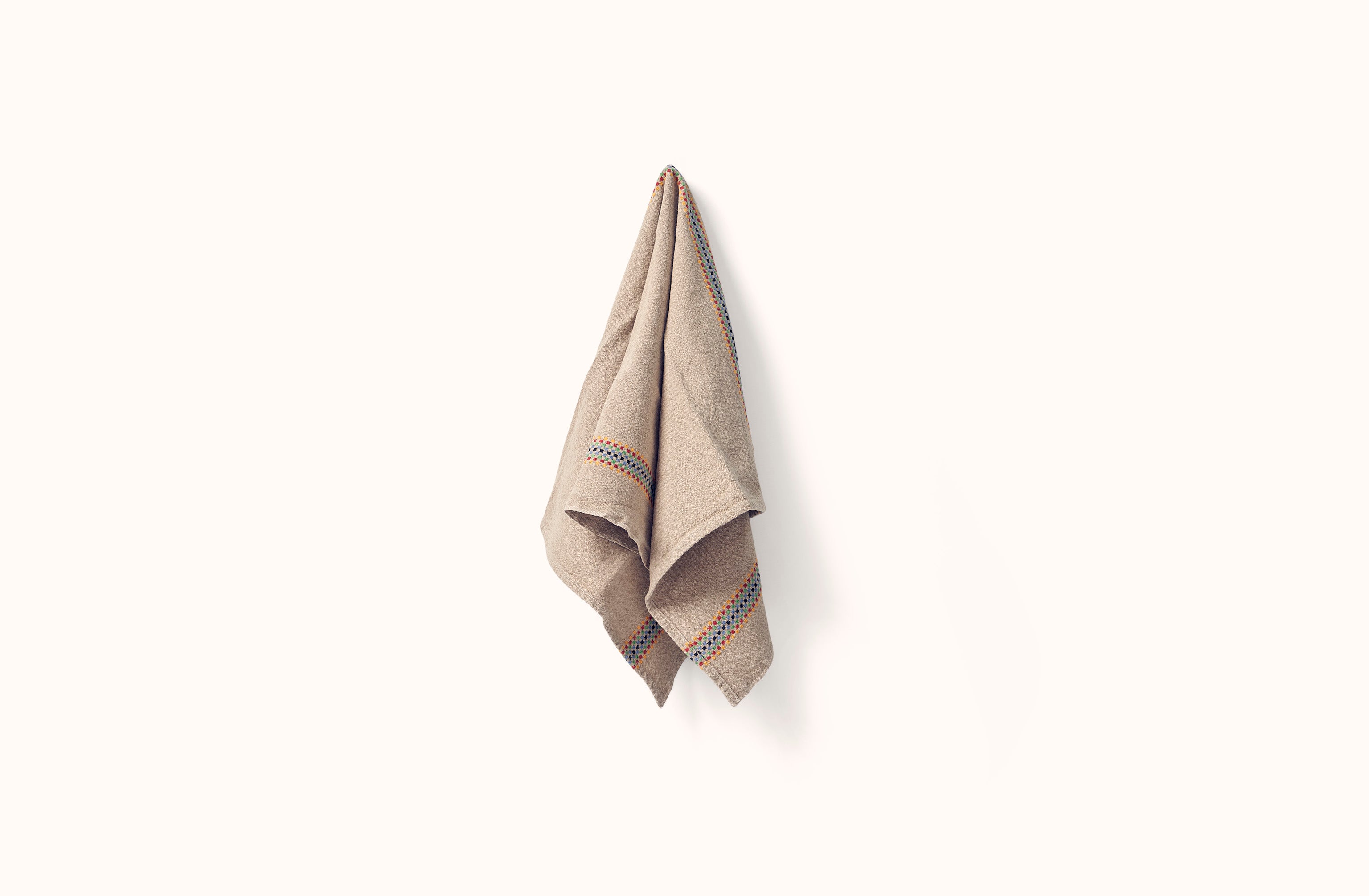 CHARVET NATURAL AND MULTICOLOR CHECKERBOARD STRIPE LINEN KITCHEN TOWEL