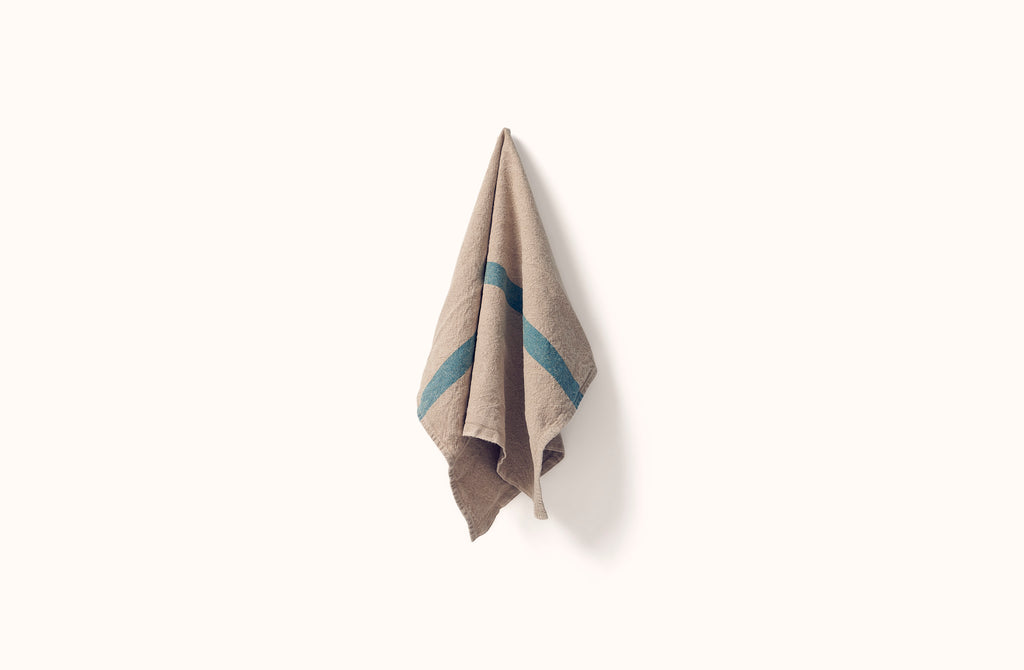 CHARVET NATURAL WITH AQUA STRIPE LINEN KITCHEN TOWEL