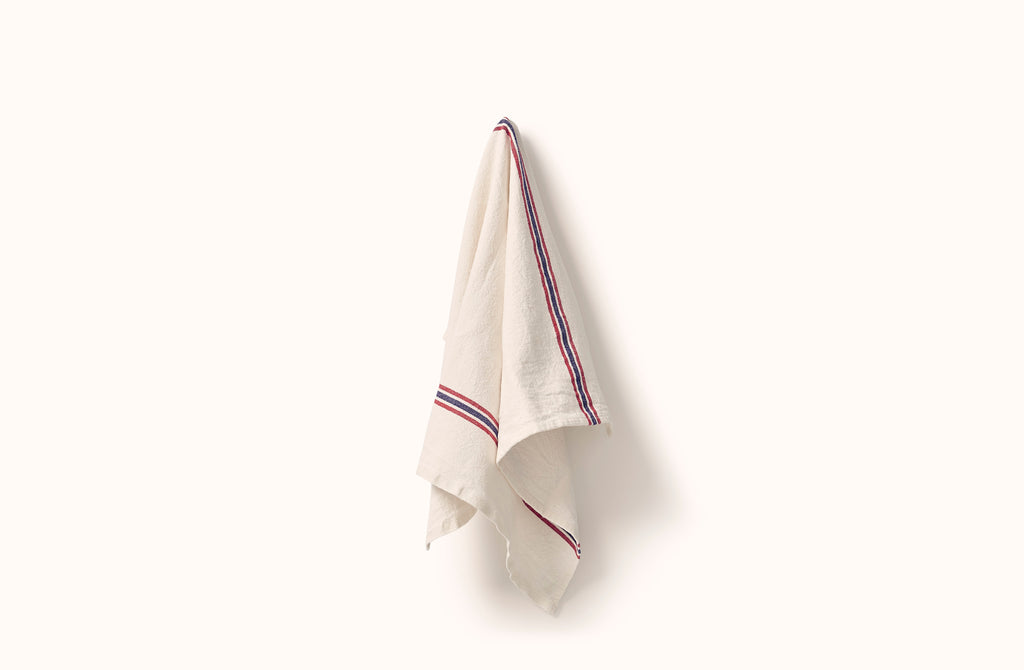 CHARVET WHITE WITH RED AND BLUE DRAPEAU STRIPE LINEN KITCHEN TOWEL