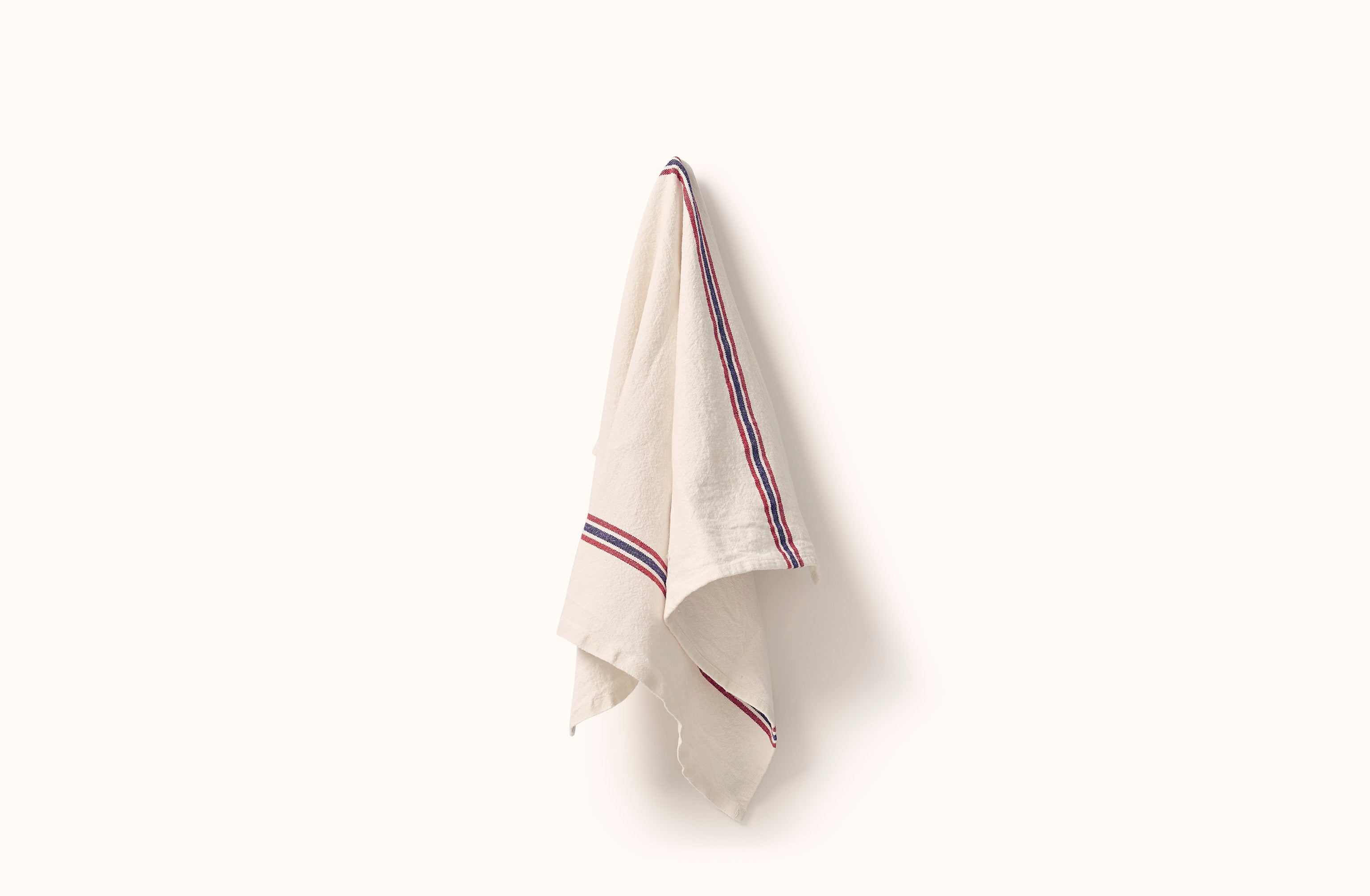 CHARVET WHITE WITH RED AND BLUE DRAPEAU STRIPE LINEN KITCHEN TOWEL