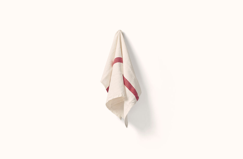 CHARVET WHITE AND RED STRIPE LINEN KITCHEN TOWEL