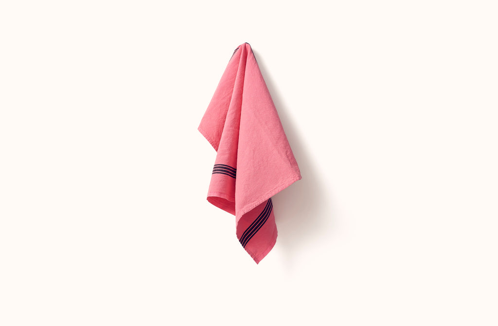 CHARVET PINK AND BLACK PIANO STRIPE LINEN KITCHEN TOWEL