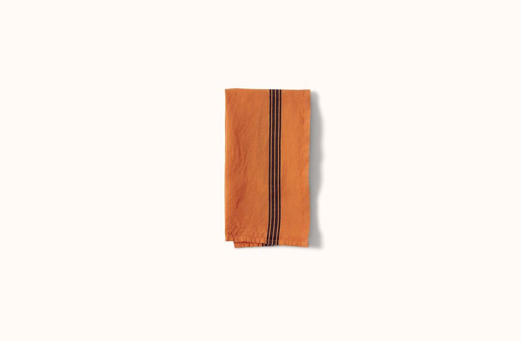 CHARVET ORANGE AND BLACK PIANO STRIPE LINEN KITCHEN TOWEL