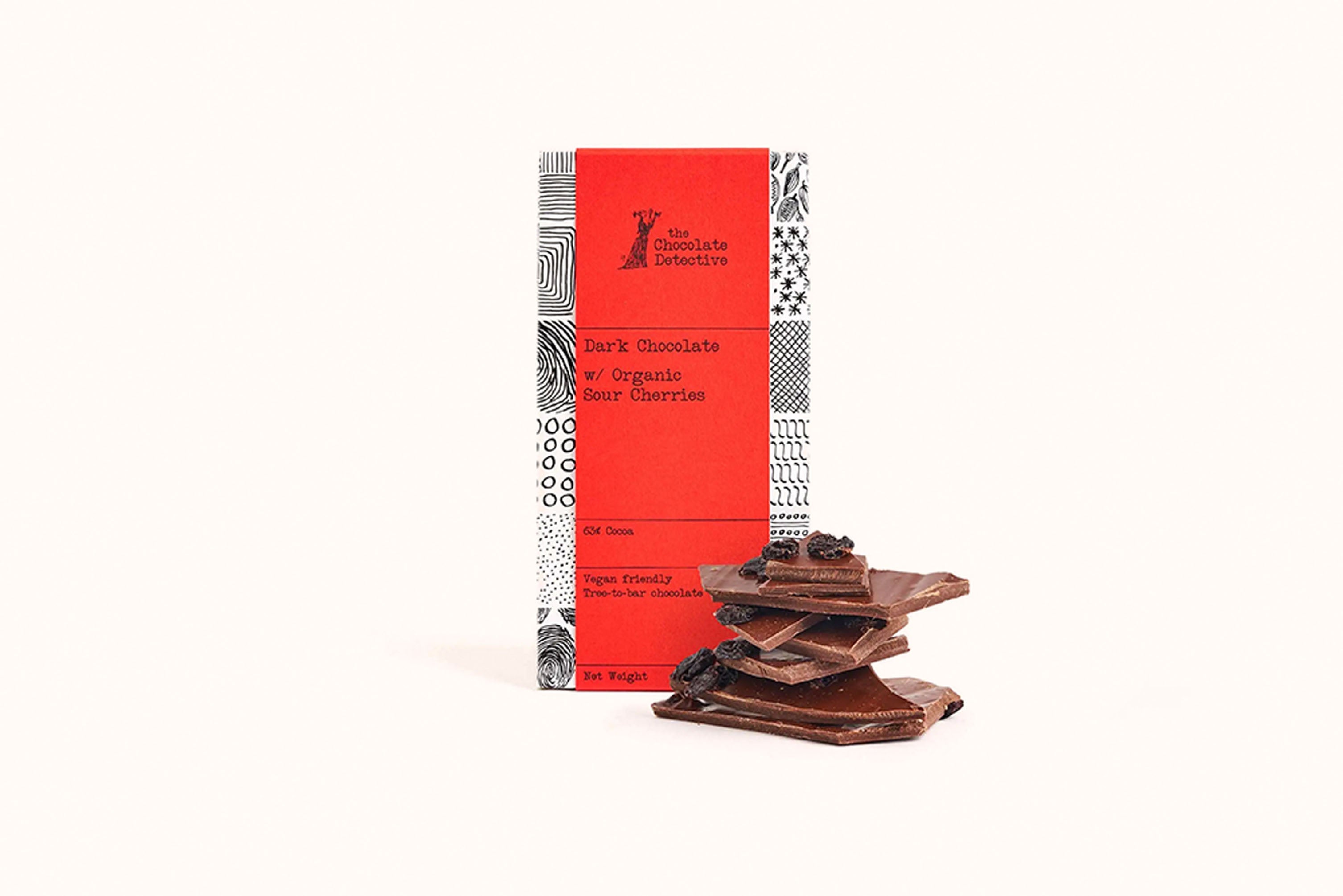CHOCOLATE DETECTIVE DARK BROKEN CHOCOLATE WITH WHOLE SOUR CHERRIES