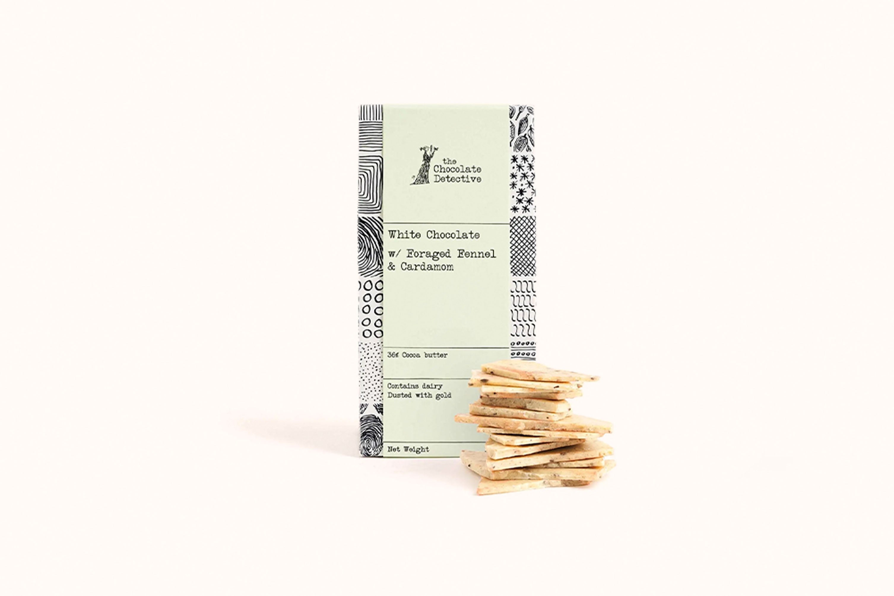 CHOCOLATE DETECTIVE WHITE BROKEN CHOCOLATE WITH FENNEL & CARDAMOM