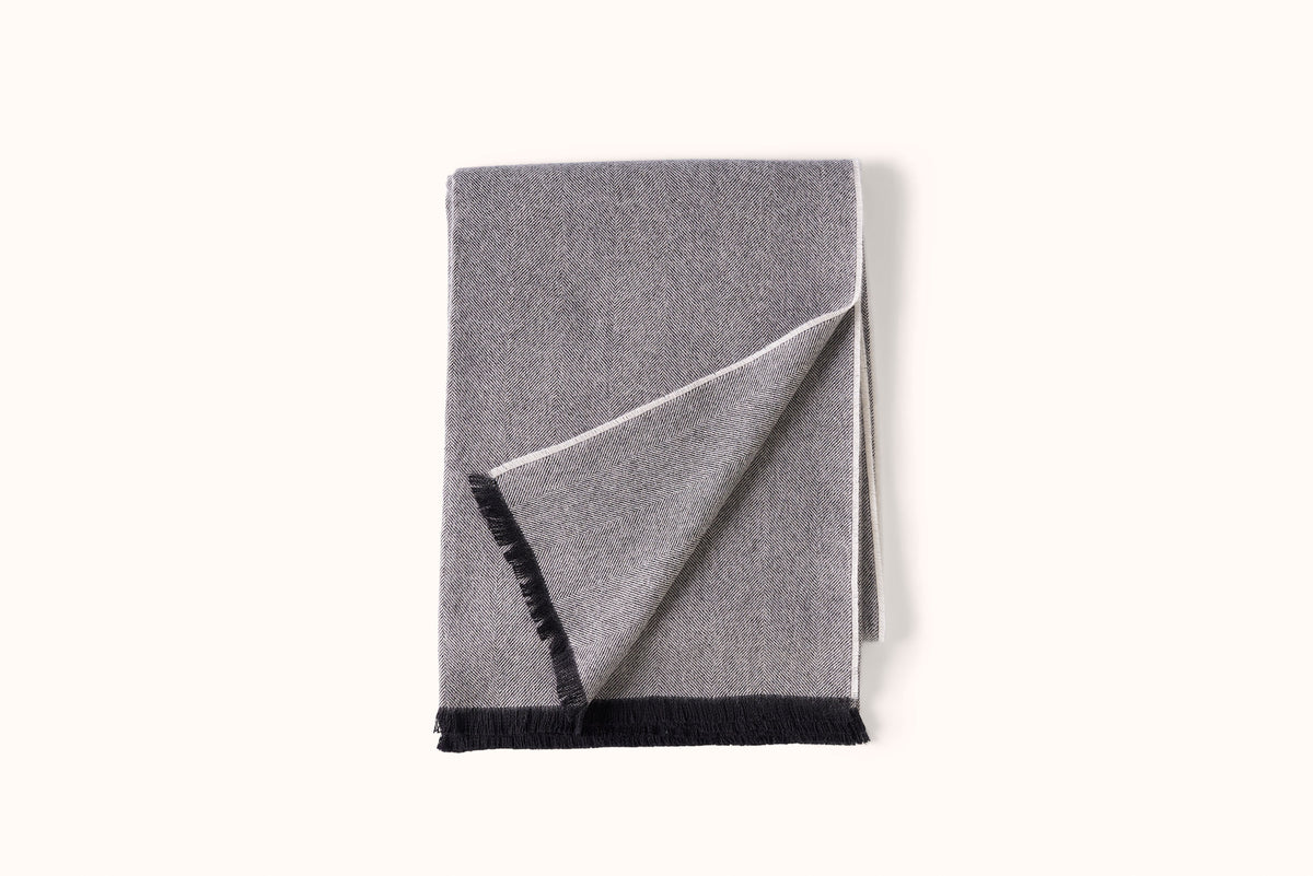 FELLS ANDES CHARCOAL HERRINGBONE ALPACA THROW WITH LEATHER KD BIEL STRAP
