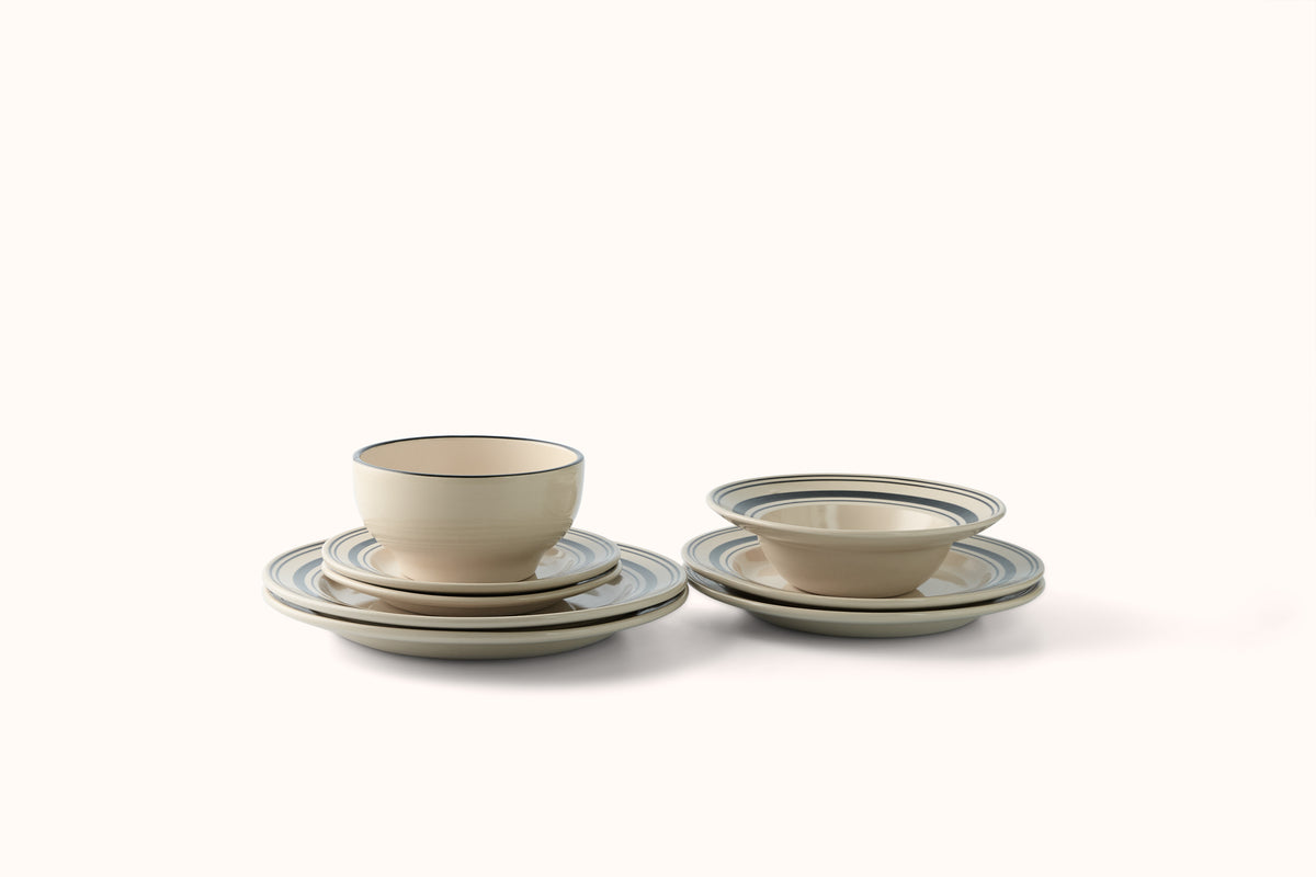 JOHN JULIAN BLACK LINEN STRIPE STONEWEAR DINNERWARE