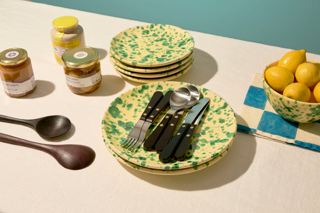 GREEN ON YELLOW SPLATTERWARE DINNERWARE