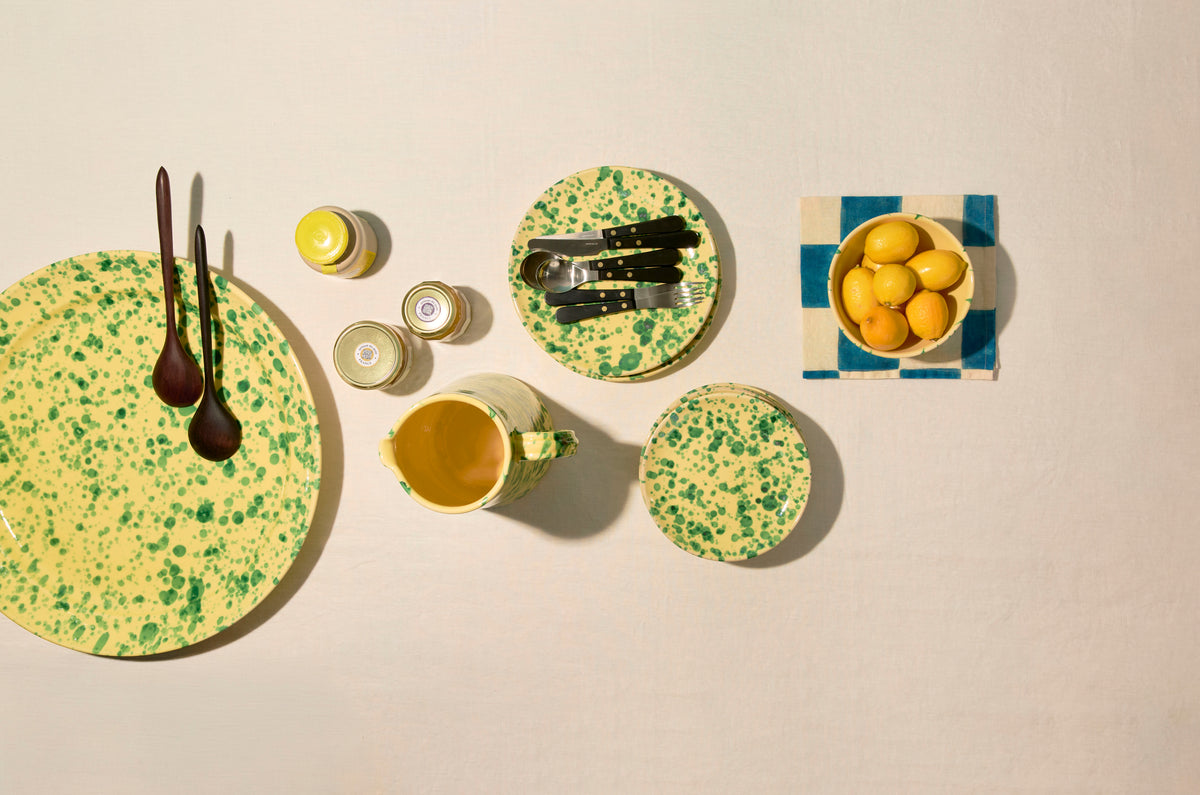 GREEN ON YELLOW SPLATTERWARE DINNERWARE