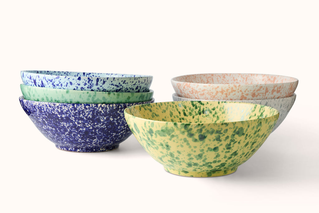GREEN ON YELLOW SPLATTERWARE SALAD BOWL