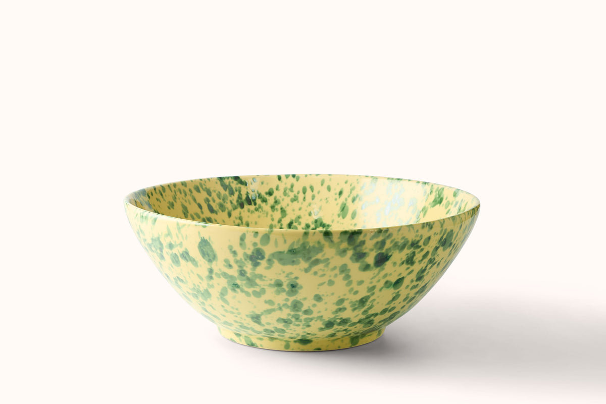 GREEN ON YELLOW SPLATTERWARE SALAD BOWL